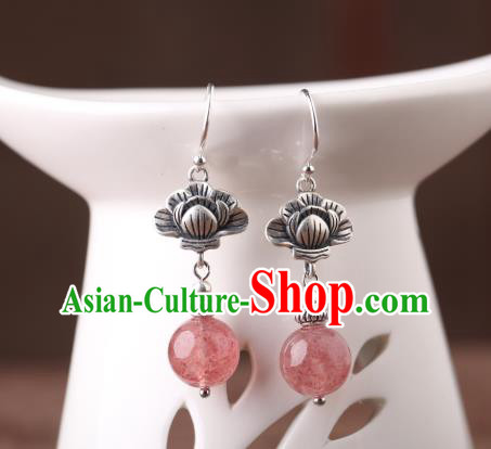 Chinese Classical Strawberry Quartz Ear Accessories Traditional Cheongsam Silver Earrings