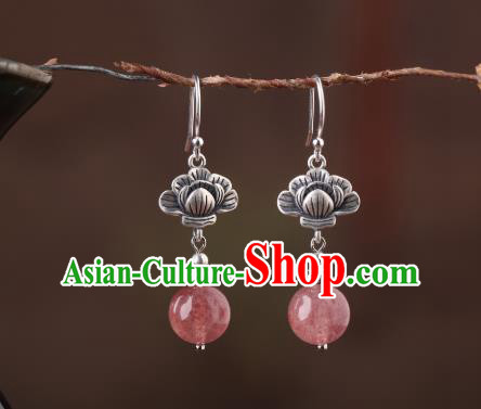 Chinese Classical Strawberry Quartz Ear Accessories Traditional Cheongsam Silver Earrings