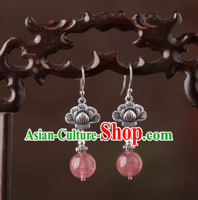 Chinese Classical Strawberry Quartz Ear Accessories Traditional Cheongsam Silver Earrings