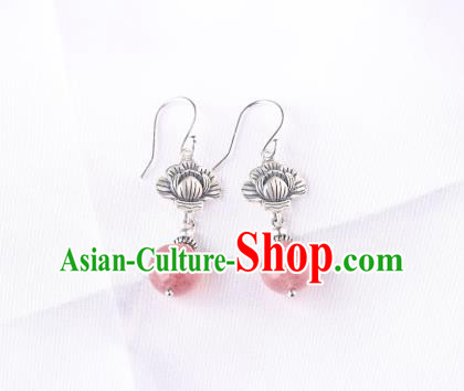 Chinese Classical Strawberry Quartz Ear Accessories Traditional Cheongsam Silver Earrings