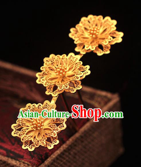 China Ancient Court Hair Stick Traditional Hair Accessories Ming Dynasty Filigree Golden Peony Hairpin