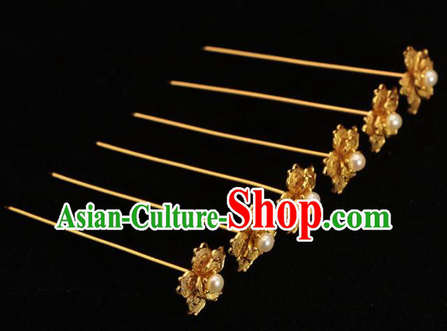 China Ancient Court Lady Pearl Hair Stick Traditional Hair Accessories Ming Dynasty Golden Hairpin