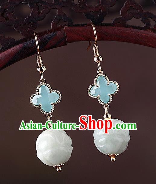 Chinese Classical Jade Ear Accessories Traditional Cheongsam Blue Clover Earrings