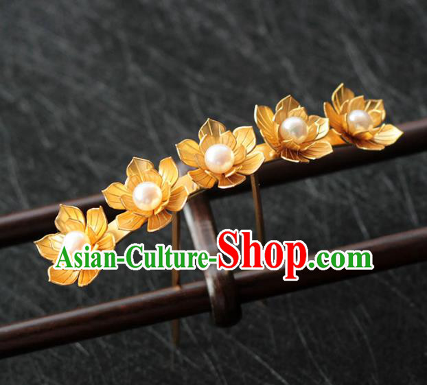 China Ancient Empress Pearls Hair Stick Traditional Hair Accessories Ming Dynasty Golden Lotus Hairpin