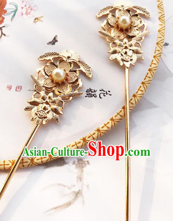 China Traditional Hanfu Pearl Hair Stick Ancient Princess Hair Accessories Golden Plum Hairpin