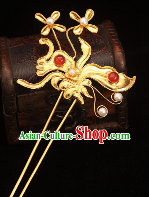 China Ancient Palace Empress Hair Stick Traditional Hair Accessories Ming Dynasty Golden Orchids Hairpin