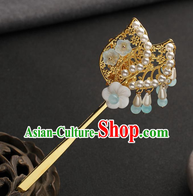China Traditional Hanfu Shell Plum Hair Stick Ancient Ming Dynasty Princess Golden Hairpin