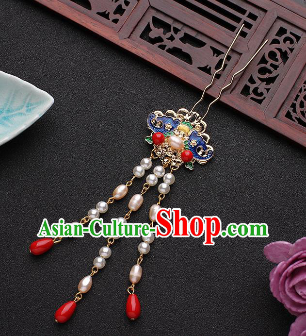 China Traditional Hanfu Blueing Bat Hair Stick Ancient Ming Dynasty Princess Pearls Tassel Hairpin
