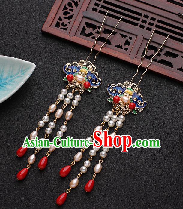 China Traditional Hanfu Blueing Bat Hair Stick Ancient Ming Dynasty Princess Pearls Tassel Hairpin