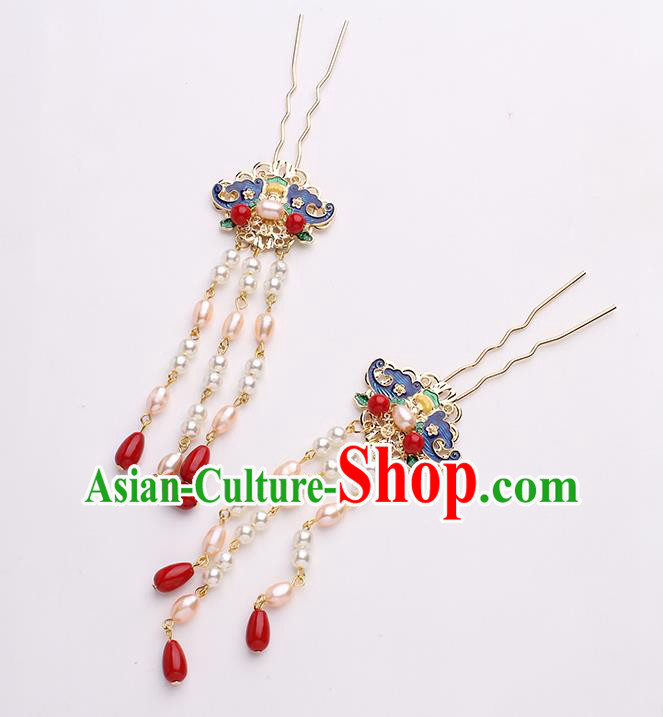 China Traditional Hanfu Blueing Bat Hair Stick Ancient Ming Dynasty Princess Pearls Tassel Hairpin