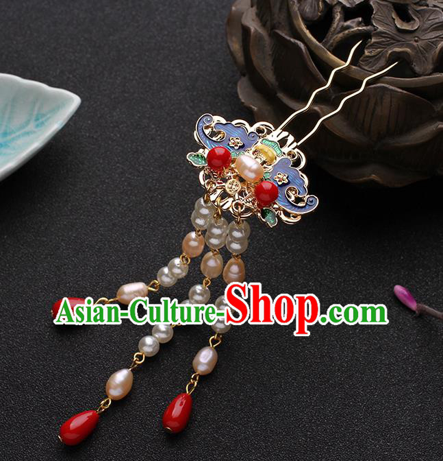 China Traditional Hanfu Blueing Bat Hair Stick Ancient Ming Dynasty Princess Pearls Tassel Hairpin