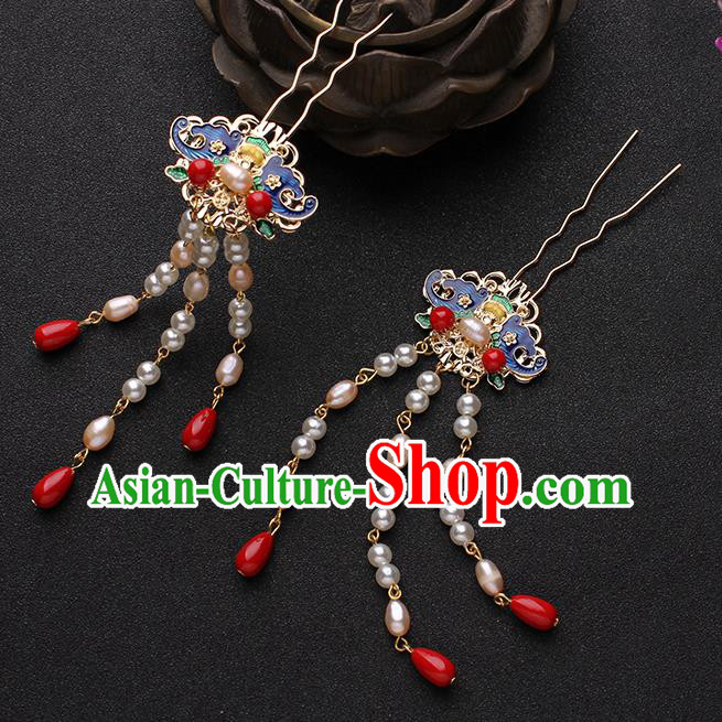 China Traditional Hanfu Blueing Bat Hair Stick Ancient Ming Dynasty Princess Pearls Tassel Hairpin