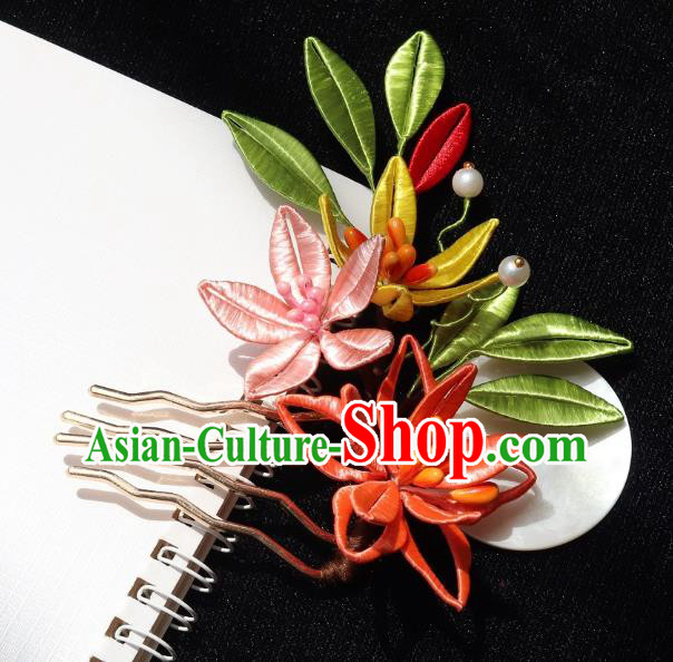 China Traditional Hanfu Silk Flowers Hair Comb Ancient Ming Dynasty Princess Lily Flowers Hairpin