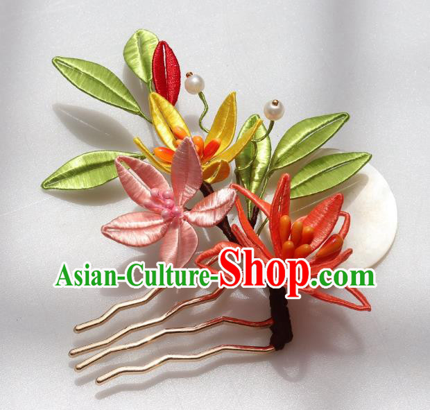 China Traditional Hanfu Silk Flowers Hair Comb Ancient Ming Dynasty Princess Lily Flowers Hairpin