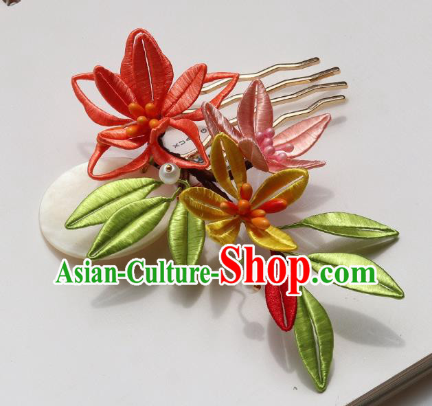 China Traditional Hanfu Silk Flowers Hair Comb Ancient Ming Dynasty Princess Lily Flowers Hairpin