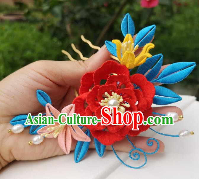 China Traditional Hanfu Red Silk Peony Hair Comb Ancient Ming Dynasty Princess Hairpin