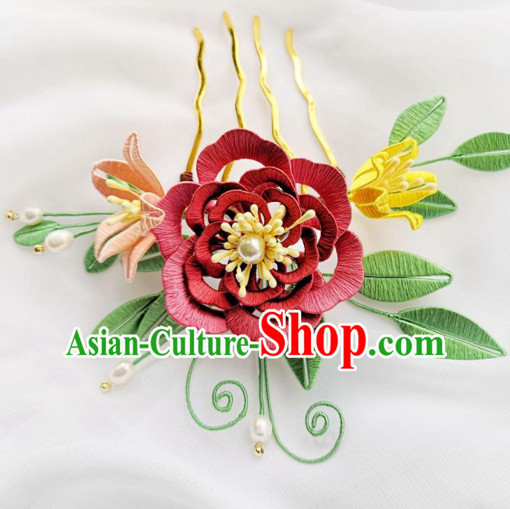 China Ancient Ming Dynasty Princess Hairpin Traditional Hanfu Jacinth Silk Peony Hair Comb