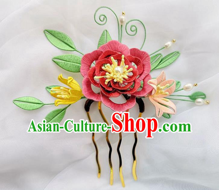 China Ancient Ming Dynasty Princess Hairpin Traditional Hanfu Jacinth Silk Peony Hair Comb