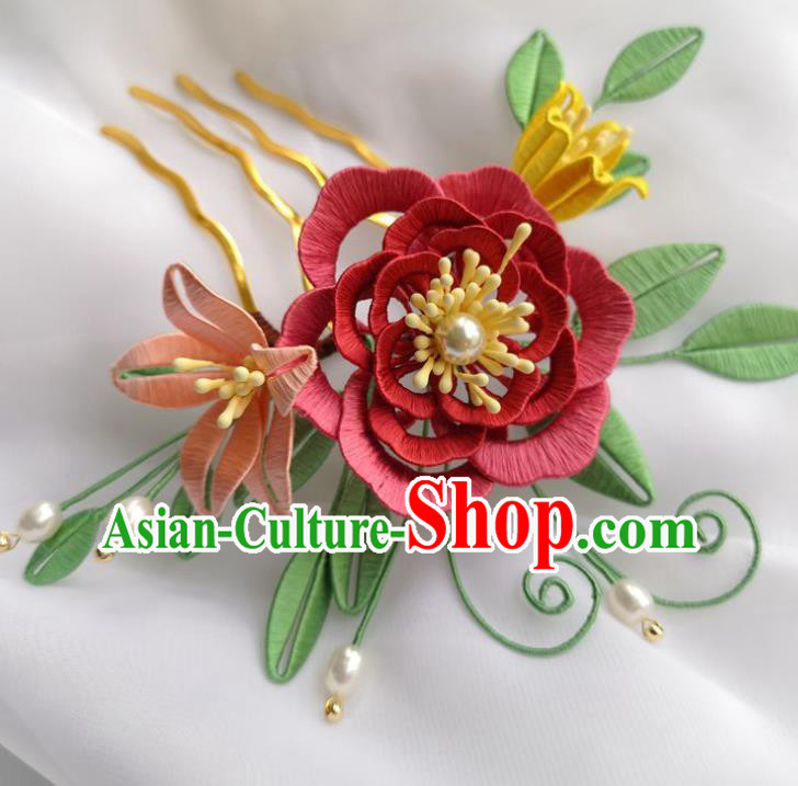China Ancient Ming Dynasty Princess Hairpin Traditional Hanfu Jacinth Silk Peony Hair Comb