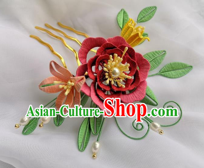 China Ancient Ming Dynasty Princess Hairpin Traditional Hanfu Jacinth Silk Peony Hair Comb