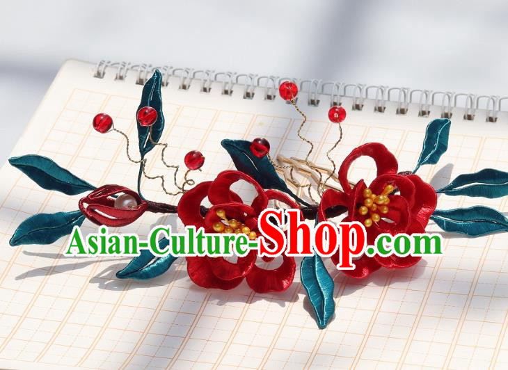 China Ancient Song Dynasty Princess Hairpin Traditional Hanfu Red Silk Plum Blossom Hair Comb