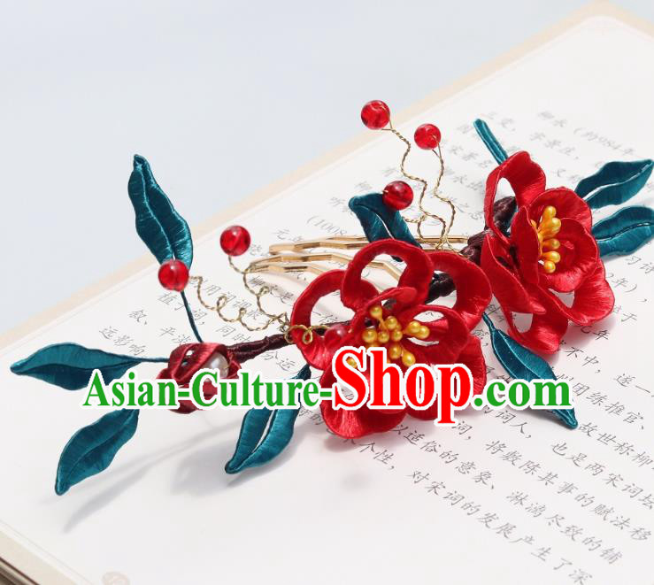 China Ancient Song Dynasty Princess Hairpin Traditional Hanfu Red Silk Plum Blossom Hair Comb