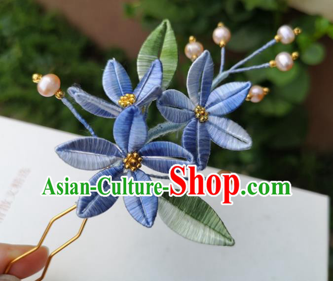 China Traditional Hanfu Pearls Hair Stick Accessories Ancient Song Dynasty Blue Silk Flowers Hairpin