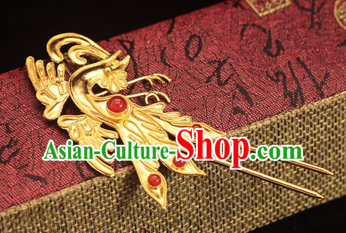 China Traditional Ming Dynasty Ruby Hairpin Hair Accessories Ancient Empress Golden Phoenix Hair Stick
