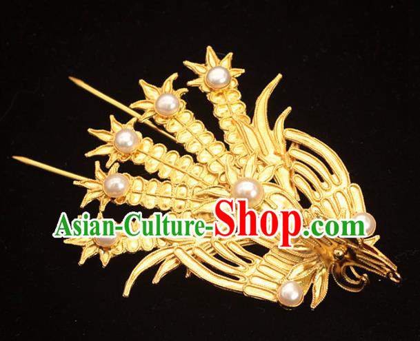 China Traditional Ming Dynasty Queen Hairpin Ancient Empress Golden Phoenix Hair Stick Hair Accessories