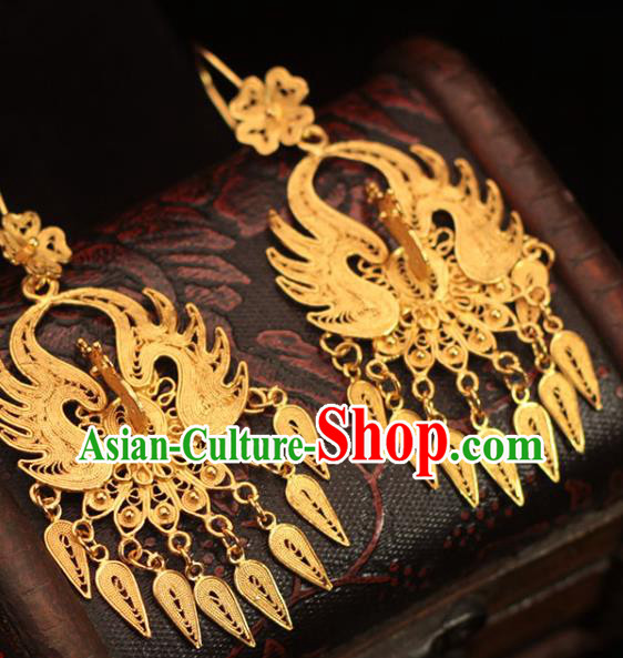 Chinese Traditional Ming Dynasty Golden Phoenix Earrings Ancient Empress Filigree Ear Accessories