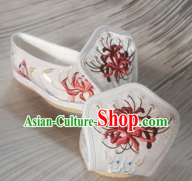 Handmade Chinese White Satin Shoes Traditional Han Dynasty Princess Shoes Bow Shoes Embroidered Shoes