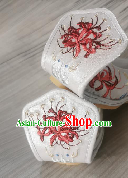 Handmade Chinese White Satin Shoes Traditional Han Dynasty Princess Shoes Bow Shoes Embroidered Shoes