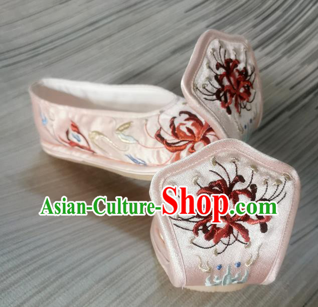 Handmade Chinese Pink Satin Shoes Bow Shoes Embroidered Shoes Traditional Han Dynasty Princess Shoes
