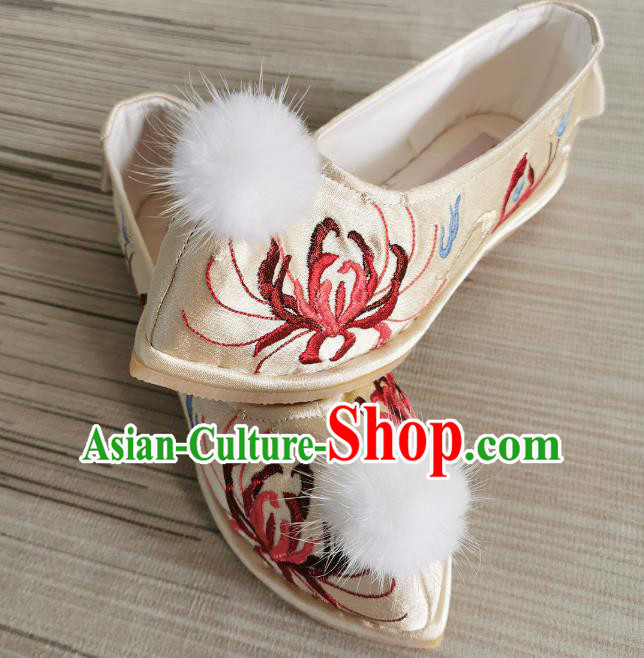 Handmade Chinese Champagne Satin Shoes Bow Shoes Embroidered Shoes Traditional Ming Dynasty Shoes