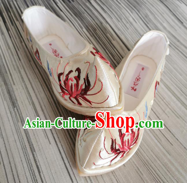 Handmade Chinese Champagne Satin Shoes Bow Shoes Embroidered Shoes Traditional Ming Dynasty Shoes