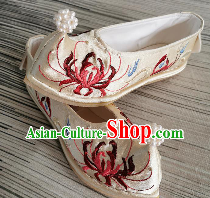 Handmade Chinese Champagne Satin Shoes Bow Shoes Embroidered Shoes Traditional Ming Dynasty Shoes