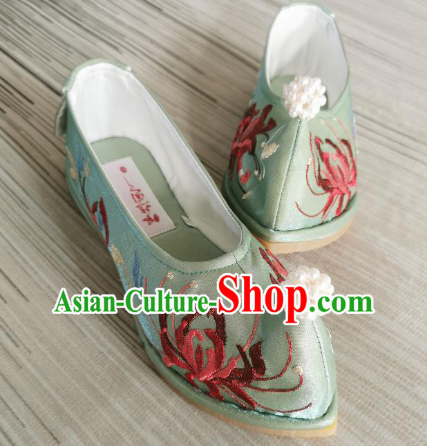 Handmade Chinese Embroidered Green Shoes Traditional Ming Dynasty Hanfu Shoes Satin Shoes Bow Shoes