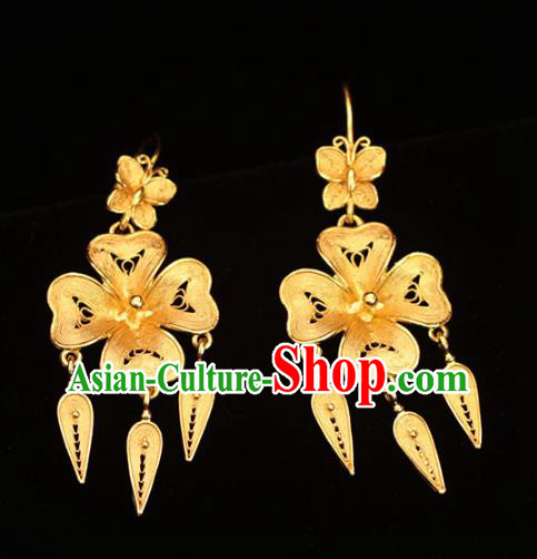 Chinese Ancient Empress Filigree Ear Accessories Traditional Ming Dynasty Golden Flower Earrings