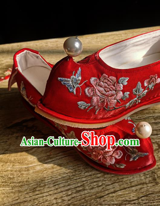 Handmade Chinese Wedding Shoes Traditional Red Cloth Shoes Bow Shoes Embroidered Peony Shoes