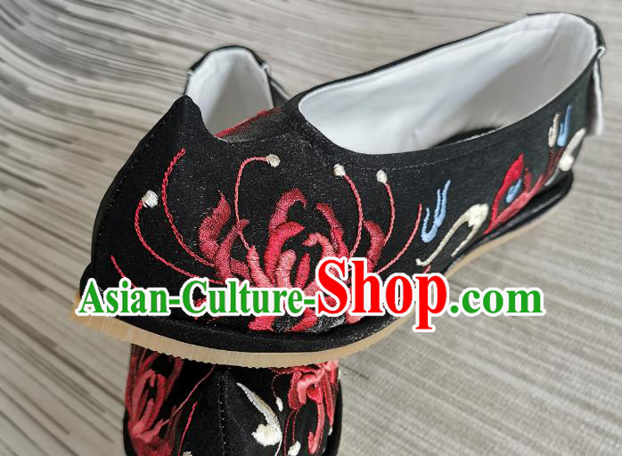 Handmade Chinese Satin Shoes Black Embroidered Shoes Traditional Ming Dynasty Hanfu Shoes