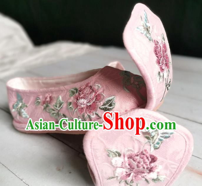 Handmade Chinese Hanfu Shoes Embroidered Peony Pink Shoes Traditional Han Dynasty Princess Shoes