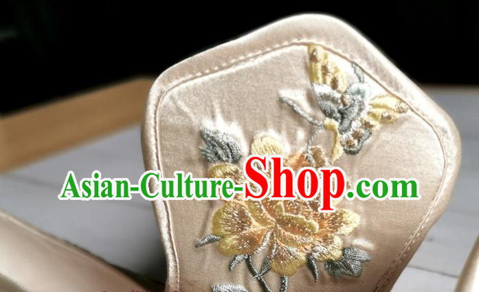 Handmade Chinese Traditional Hanfu Shoes Embroidered Peony Shoes Han Dynasty Princess Champagne Satin Shoes