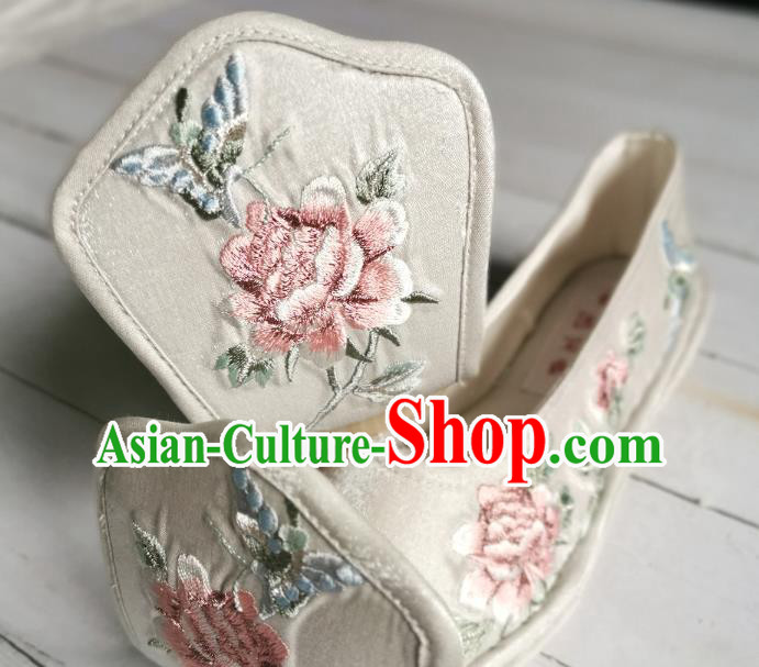 Handmade Chinese Han Dynasty Princess White Satin Shoes Traditional Hanfu Shoes Embroidered Peony Shoes
