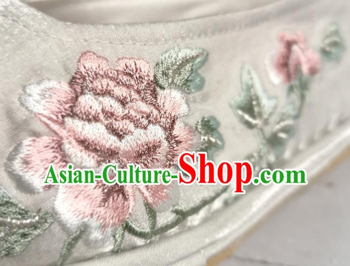 Handmade Chinese Han Dynasty Princess White Satin Shoes Traditional Hanfu Shoes Embroidered Peony Shoes