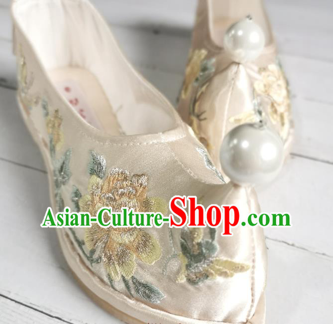 Handmade Chinese Golden Satin Bow Shoes Embroidered Shoes Ming Dynasty Princess Shoes Traditional Hanfu Shoes