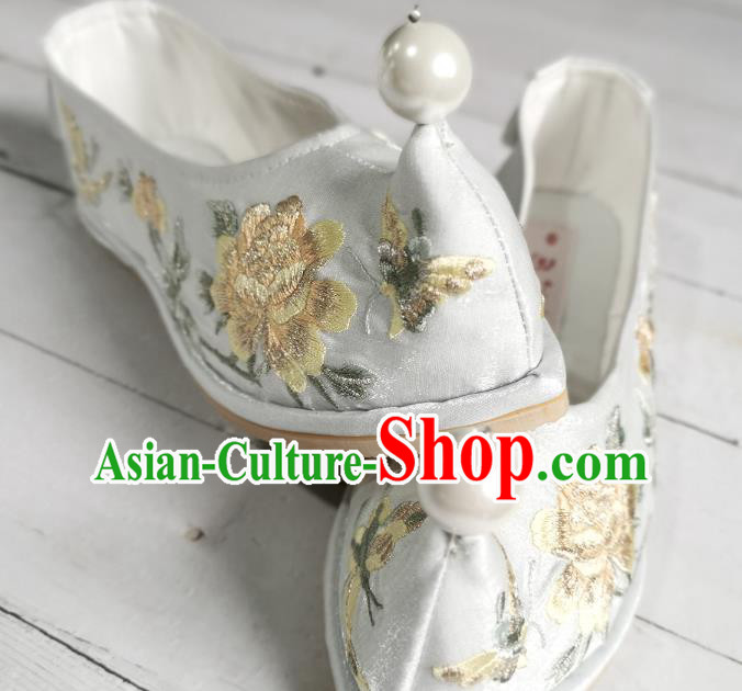 Handmade Chinese Light Blue Satin Bow Shoes Embroidered Shoes Traditional Hanfu Shoes Ancient Princess Shoes