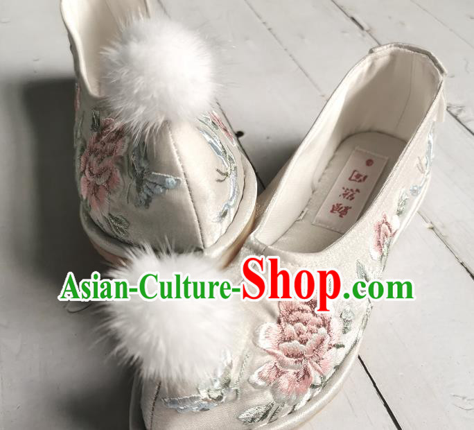 Handmade Chinese Embroidered Shoes Ancient Princess Shoes Traditional Hanfu Bow Shoes Wedding Argent Satin Shoes
