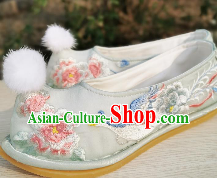 Handmade Chinese Embroidered Phoenix Peony Shoes Ancient Princess Shoes Traditional Hanfu Light Green Satin Bow Shoes