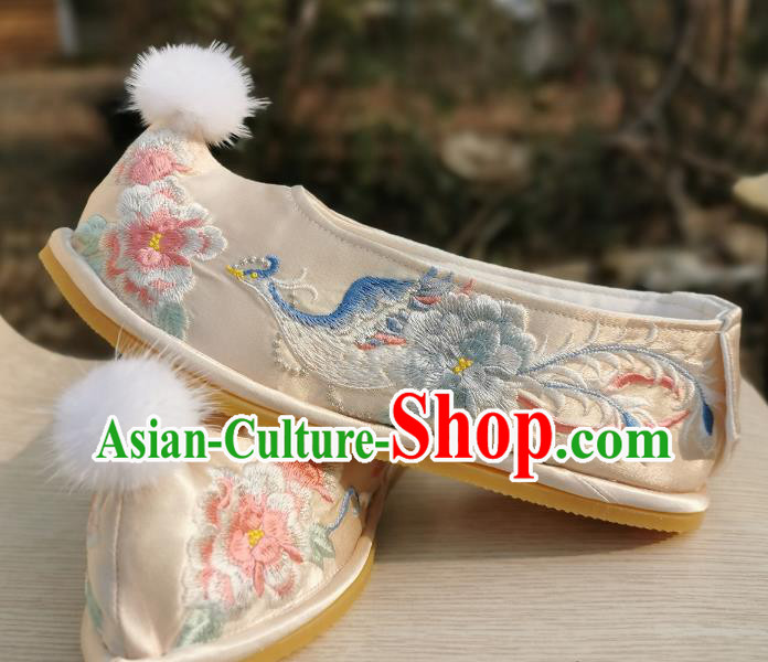 Handmade Chinese Traditional Hanfu Light Golden Satin Bow Shoes Embroidered Phoenix Peony Shoes Ancient Princess Shoes