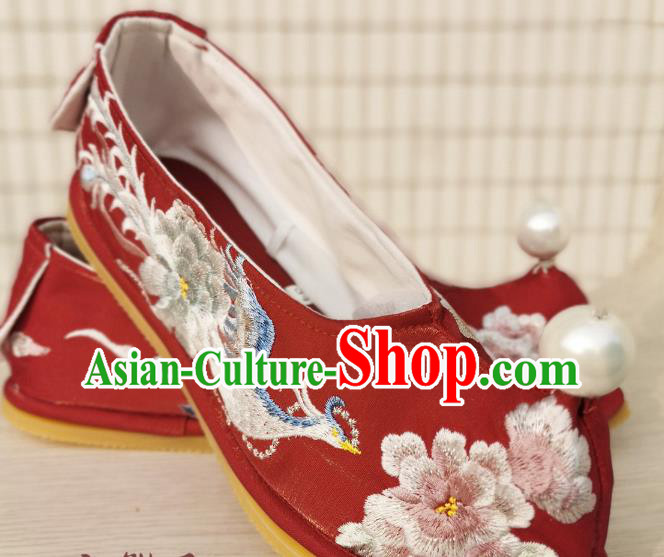 Handmade Chinese Traditional Wedding Hanfu Shoes Embroidered Phoenix Peony Shoes Red Satin Bow Shoes